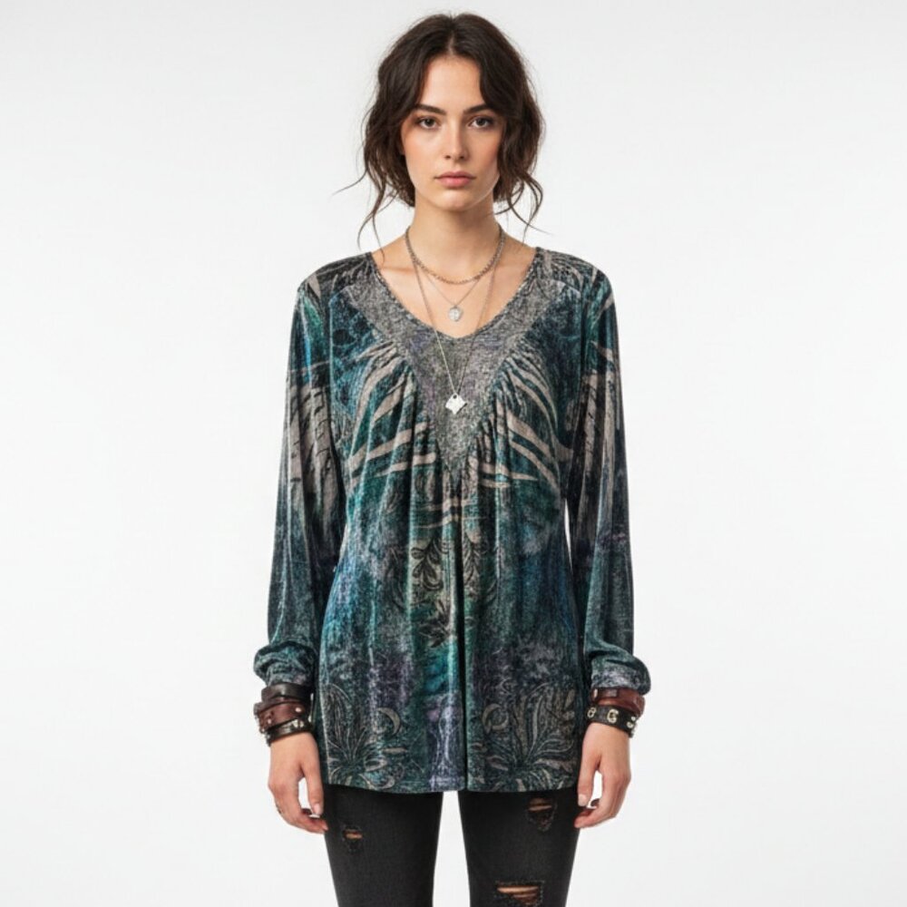 Canyon River Blues Blouse Velour Goth Grunge Whimsigoth Lace Green Blue XL